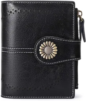 SENDEFN Womens Wallet Pouch Purse Genuine Leather Bifold ID Window RFID Protected with Gift Box (Black) 5215 5215