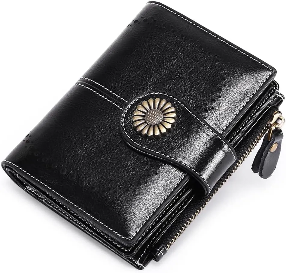 SENDEFN Womens Wallet Pouch Purse Genuine Leather Bifold ID Window RFID Protected with Gift Box (Black) 5215 5215
