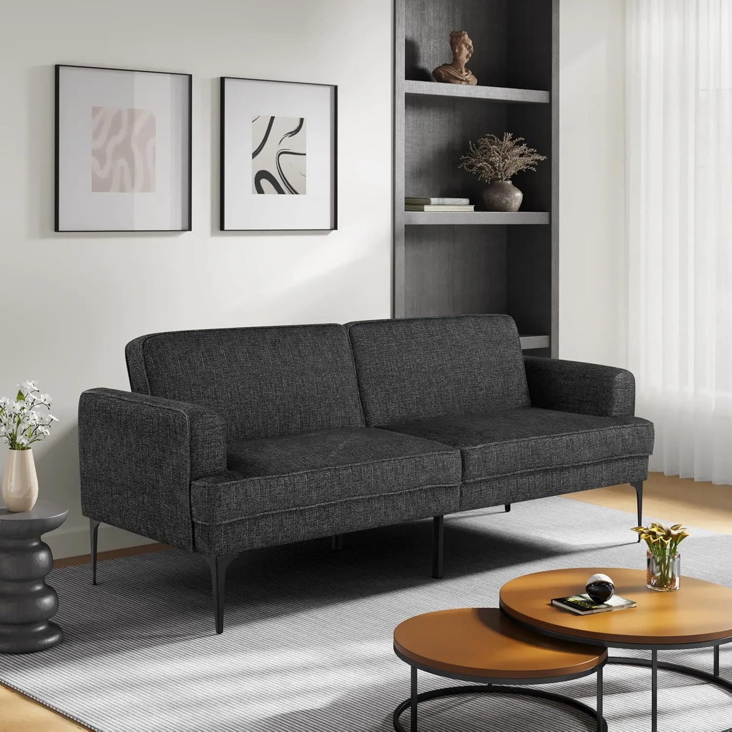 Serta® Paulsen 83.1" Split Back Convertible Futon Sofa, Dreamcoil® Comfort, FingerGuard® Pinch Point Protection, Woven Polyester Fabric, Black