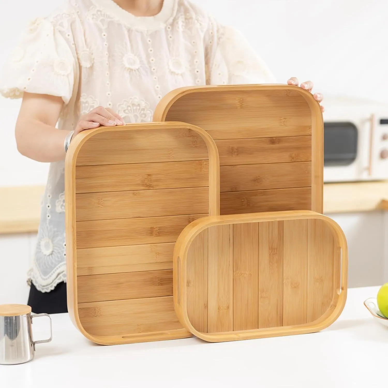 Serving Trays 15.7x11in with Handles Bamboo Coffee Table Tray Wooden Tray for Ottoman Food Trays for Breakfast/Kitchen