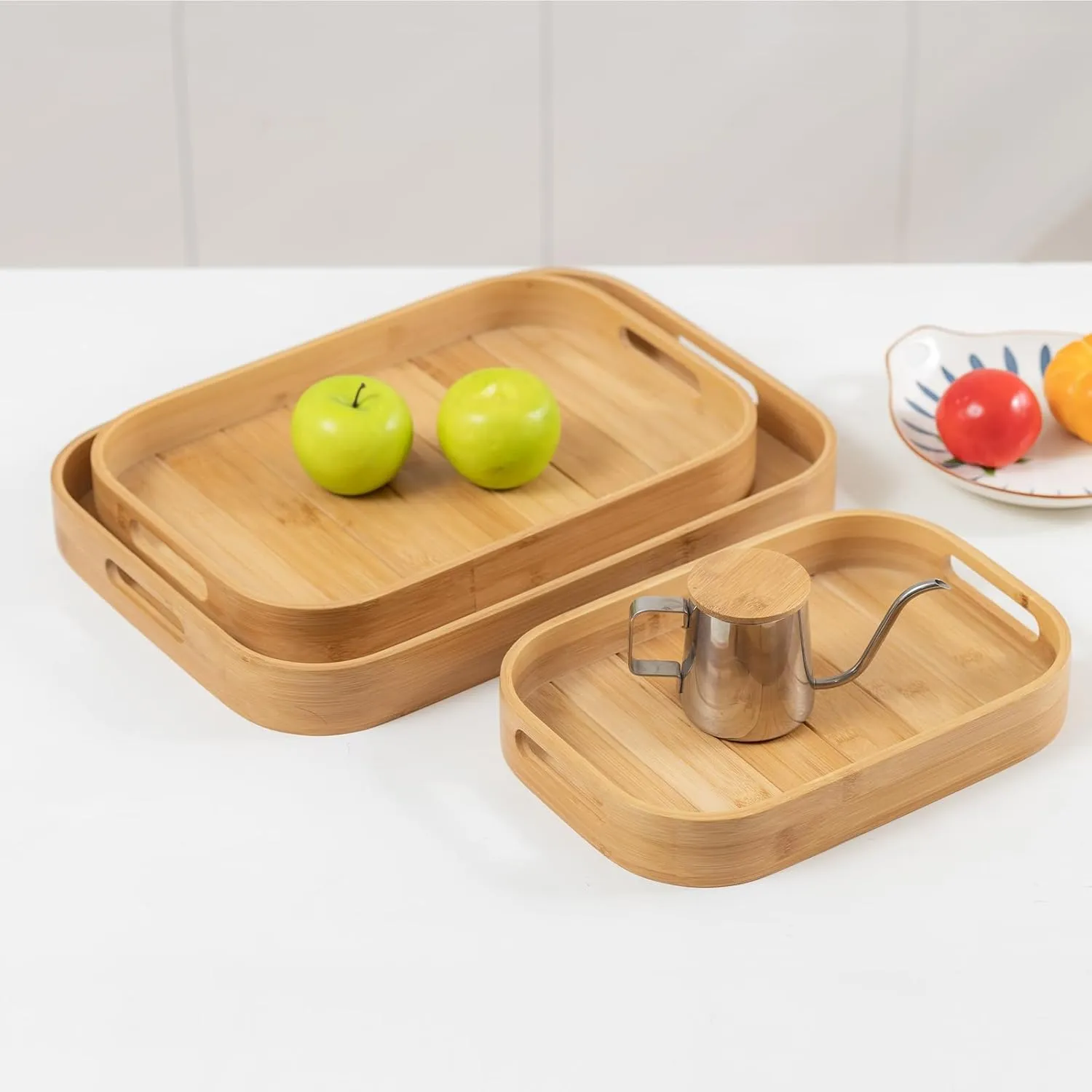 Serving Trays 15.7x11in with Handles Bamboo Coffee Table Tray Wooden Tray for Ottoman Food Trays for Breakfast/Kitchen