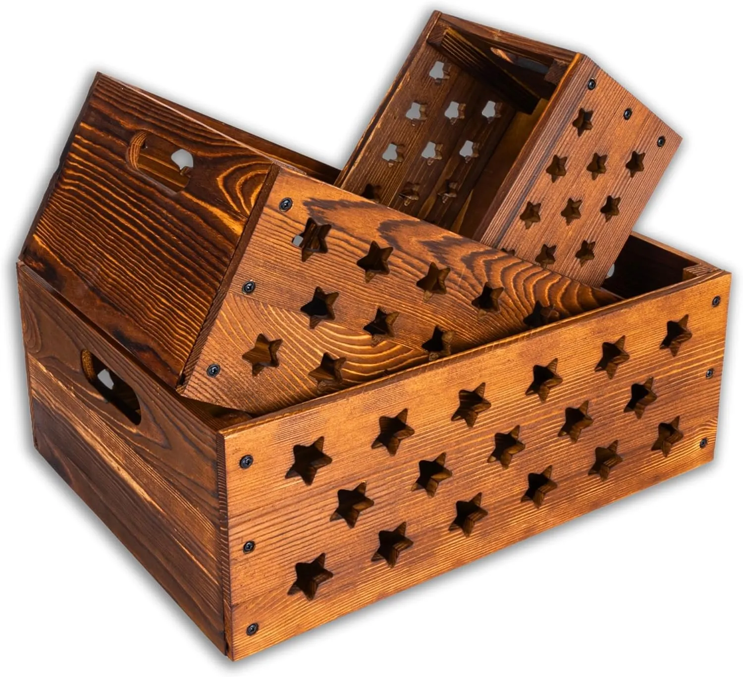 Set of 3 Decorative Nesting Wooden Crates with Handles, Wood Crates for Organizing Home and Kitchen, storage crates, Crates for Decoration, Wooden Crate (Rustic, Rustic Brown)