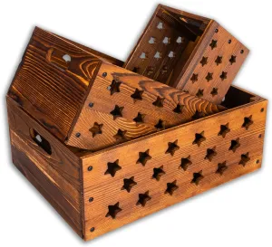 Set of 3 Decorative Nesting Wooden Crates with Handles, Wood Crates for Organizing Home and Kitchen, storage crates, Crates for Decoration, Wooden Crate (Rustic, Rustic Brown)