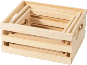 Set of 3 Rustic Wooden Nesting Crates with Handles, Decorative Wood Crates, Crate Box Wooden Storage Box for Kitchen, Office, Bedroom, Closet, Rustic Country Decor (Large Size 9.4 x 7.8 x 4.3 in)