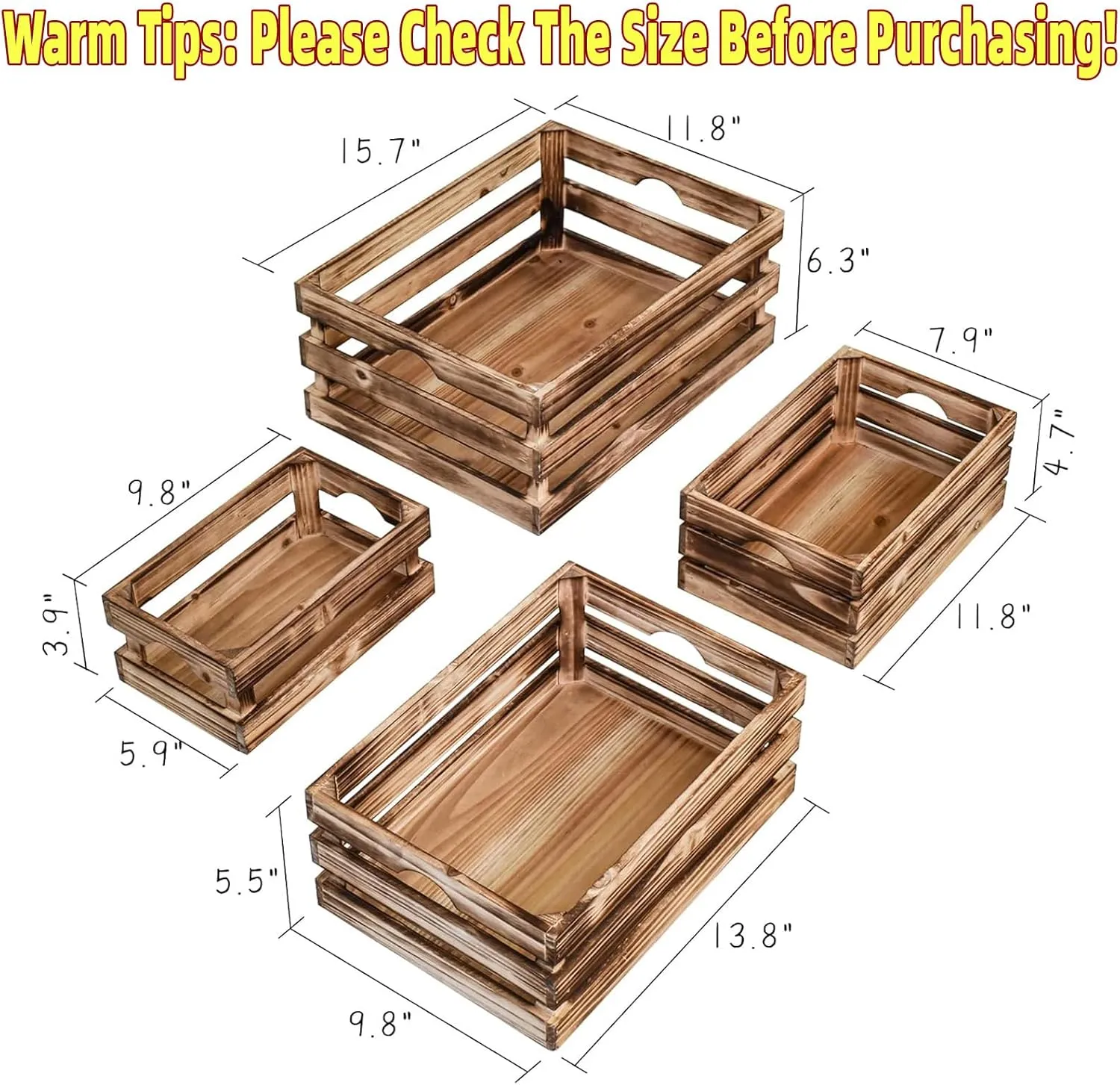Set of 4 Large Torched Wood Decorative Storage Crates, Nesting Wooden Crates for Display Rustic, Farmhouse Wooden Storage Container Boxes Made from 100% Wood