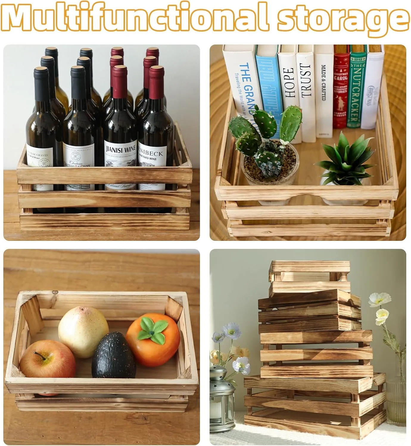 Set of 4 Large Torched Wood Decorative Storage Crates, Nesting Wooden Crates for Display Rustic, Farmhouse Wooden Storage Container Boxes Made from 100% Wood