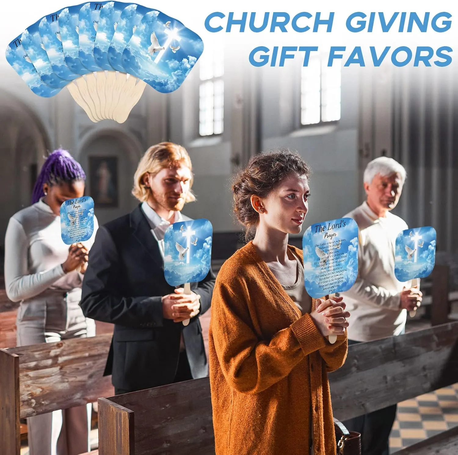 Sherr 50 Pcs Christian Church Fans Bulk The Lord's Prayer Church Fans Parlor Fans Religious Fans Hand Held Church Handheld Fans Church Products for Church Services