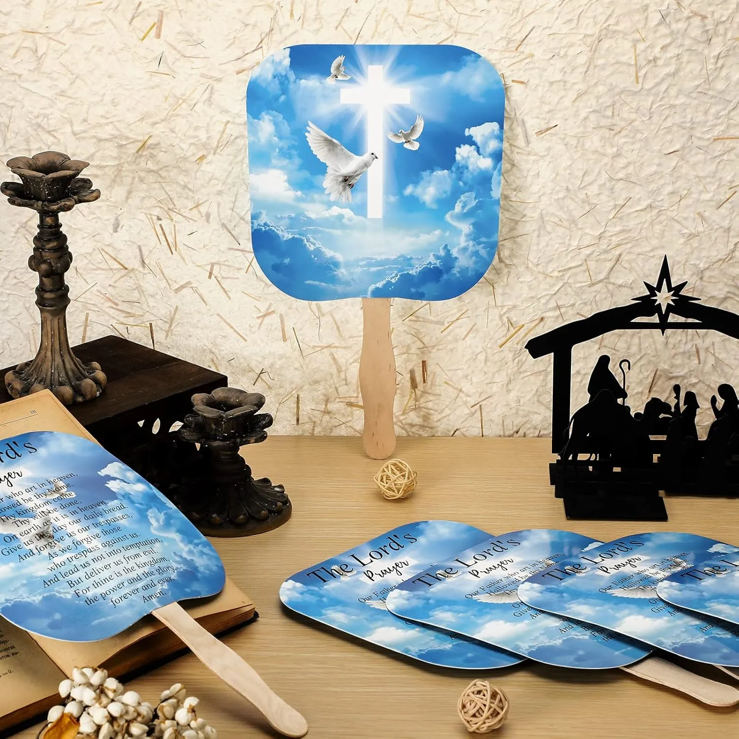 Sherr 50 Pcs Christian Church Fans Bulk The Lord's Prayer Church Fans Parlor Fans Religious Fans Hand Held Church Handheld Fans Church Products for Church Services