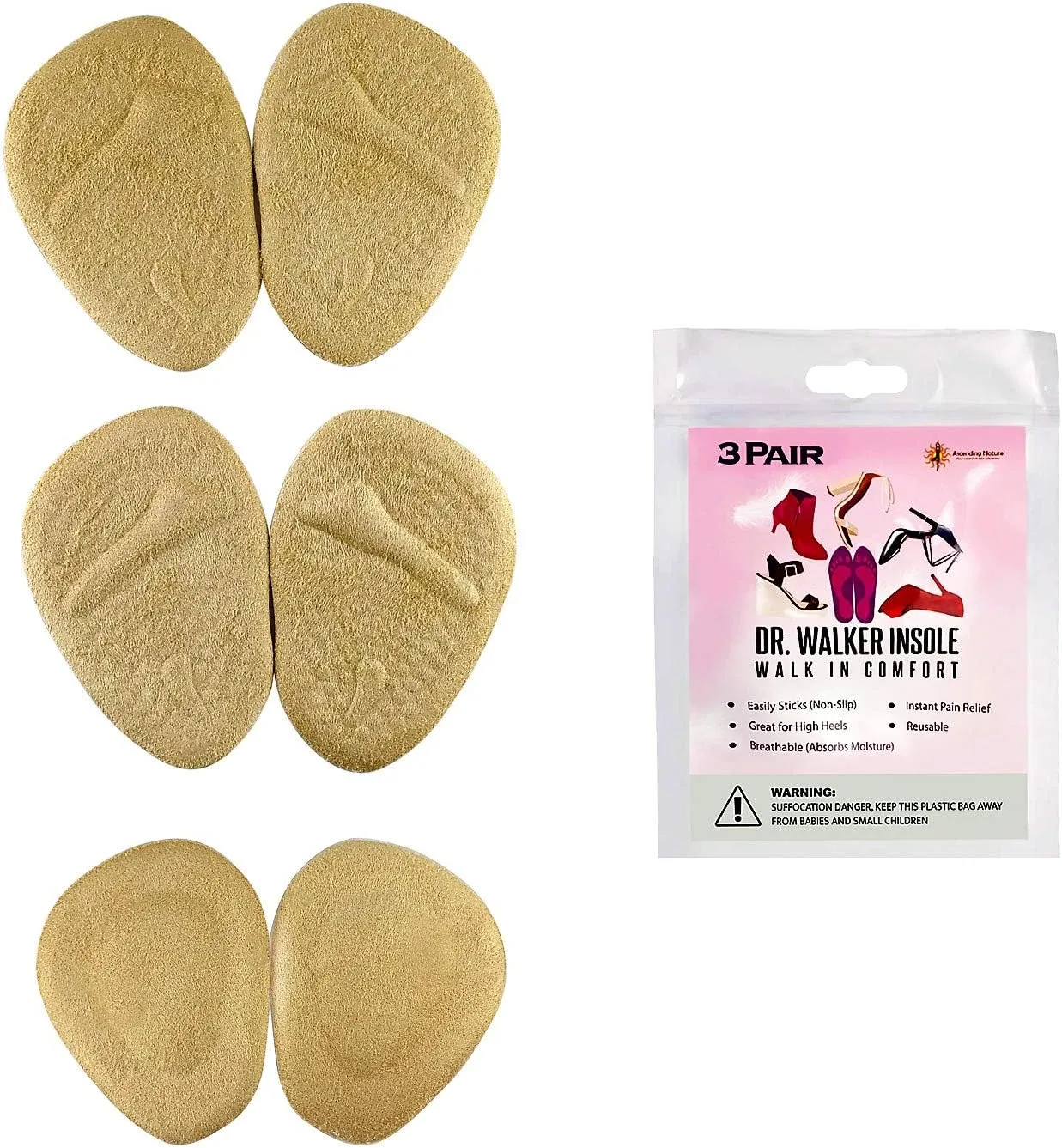 Shoe Inserts | Metatarsal Pads for Women | High Heel Inserts | Ball of Foot Cushions | All Day Pain Relief and Comfort | Deluxe 3 Pairs Reusable Foot Pads | Shoe Cushion (Beige)