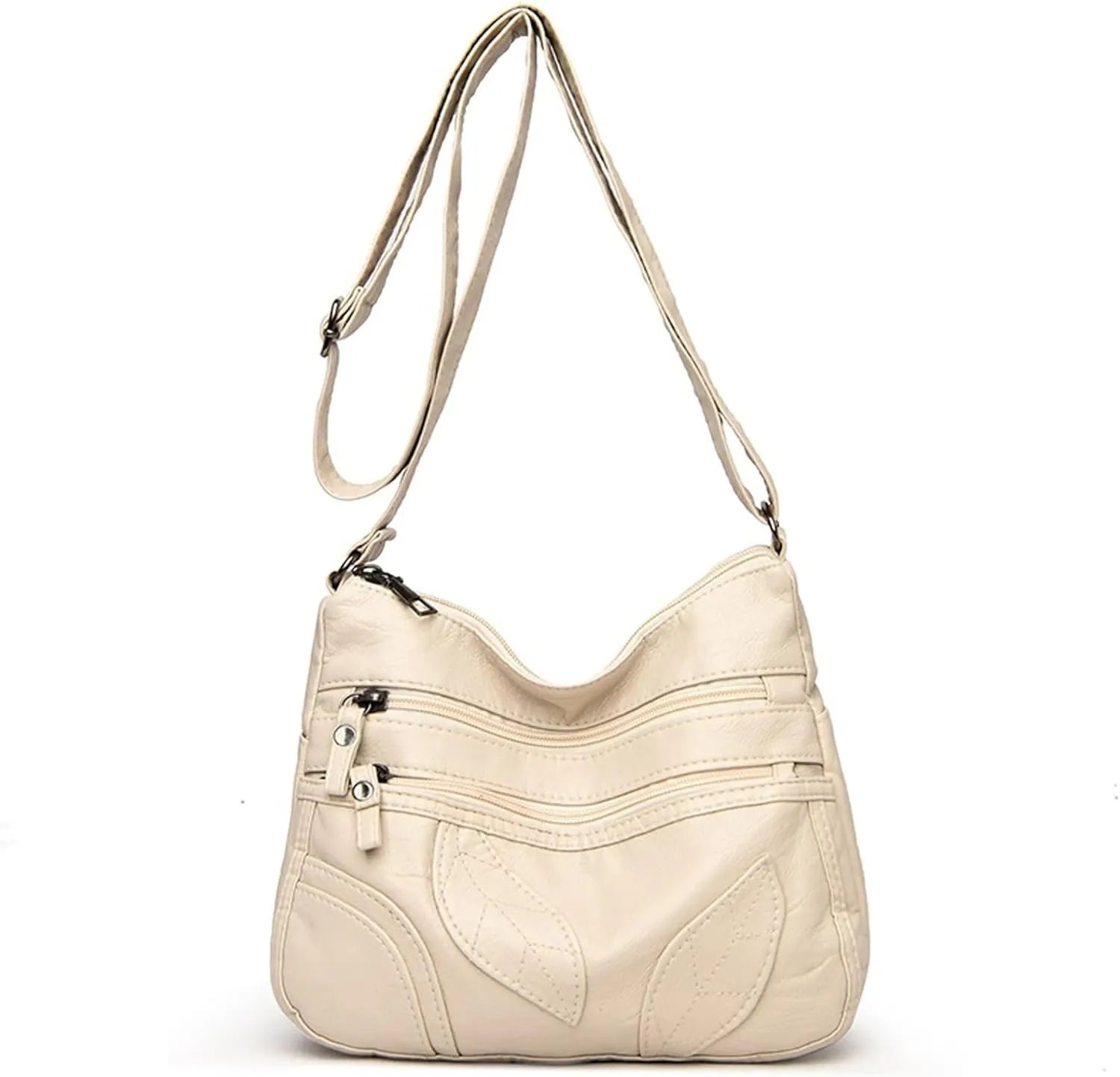 Shoulder Bag Petal Pattern Pu Leather Shoulder Bag Multi-layer Large-capacity Messenger Bag Stitched Soft Leather Diagonal Bag(Beige)