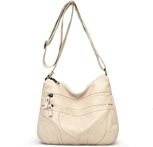 Shoulder Bag Petal Pattern Pu Leather Shoulder Bag Multi-layer Large-capacity Messenger Bag Stitched Soft Leather Diagonal Bag(Beige)