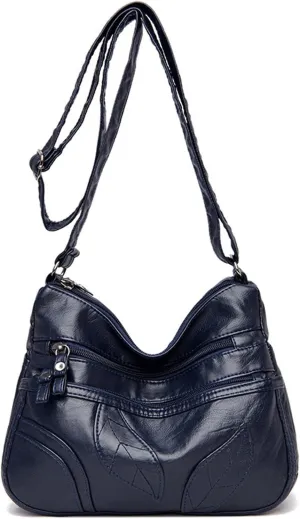Shoulder Bag Petal Pattern Pu Leather Shoulder Bag Multi-layer Large-capacity Messenger Bag Stitched Soft Leather Diagonal Bag(Blue)