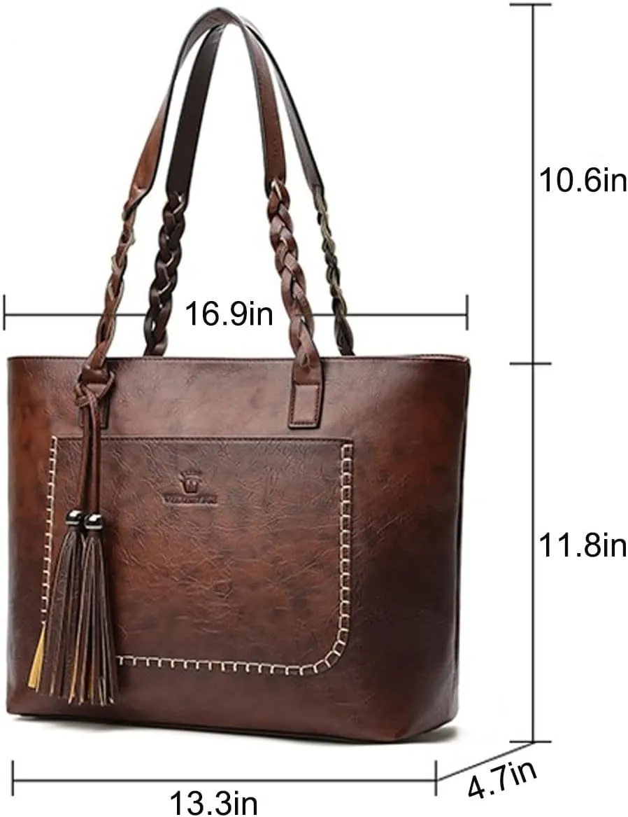 Shoulder Bags and Purses for Women PU Leather Fashion Handbag Tote Retro Top-Handle Satchel with Tassle