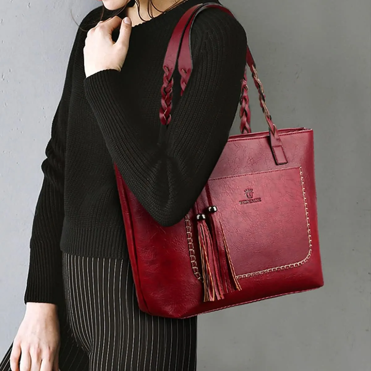 Shoulder Bags and Purses for Women PU Leather Fashion Handbag Tote Retro Top-Handle Satchel with Tassle