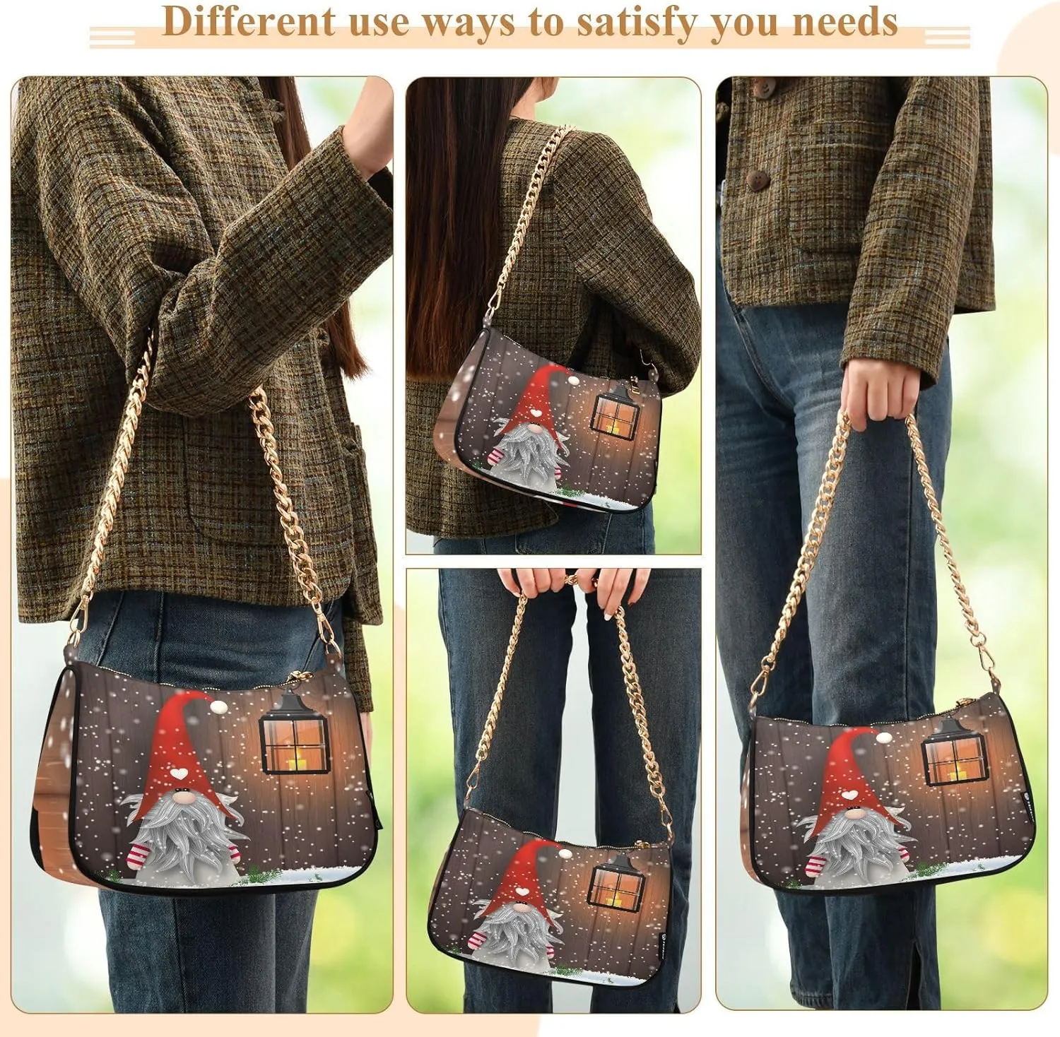 Shoulder Bags for Women Christmas Gnome Winter Wooden Snowflake Hobo Tote Handbag wallet Mini Purse with Zipper