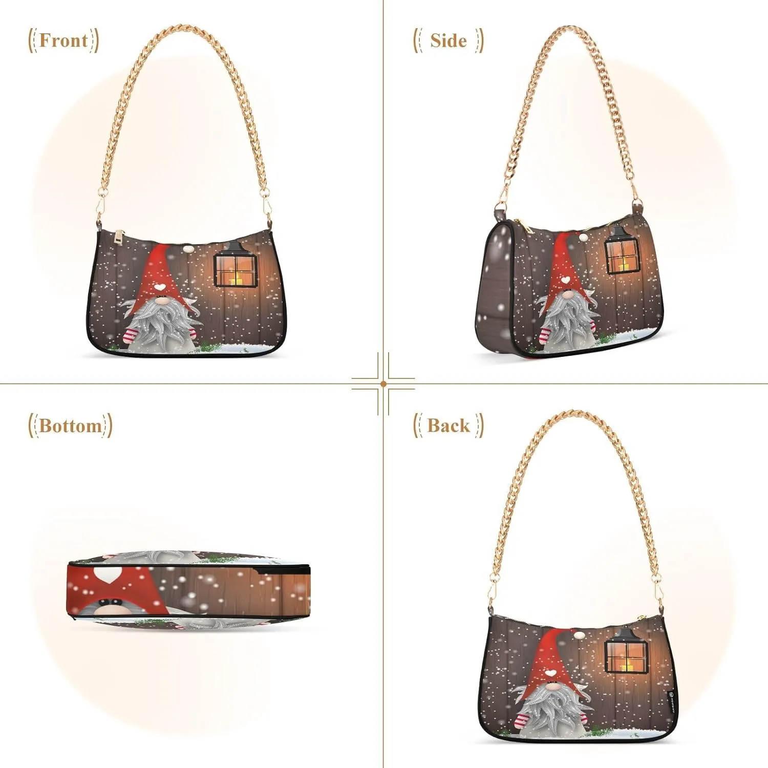 Shoulder Bags for Women Christmas Gnome Winter Wooden Snowflake Hobo Tote Handbag wallet Mini Purse with Zipper