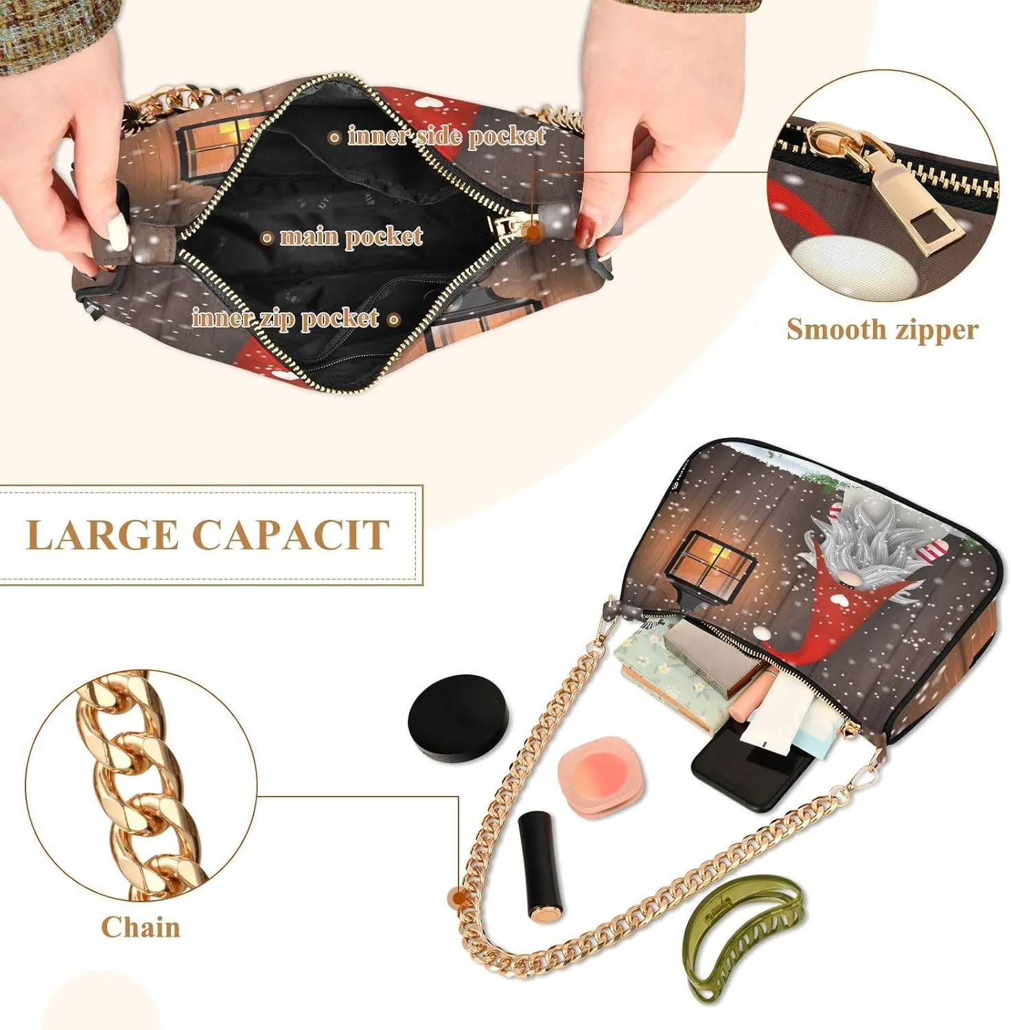 Shoulder Bags for Women Christmas Gnome Winter Wooden Snowflake Hobo Tote Handbag wallet Mini Purse with Zipper