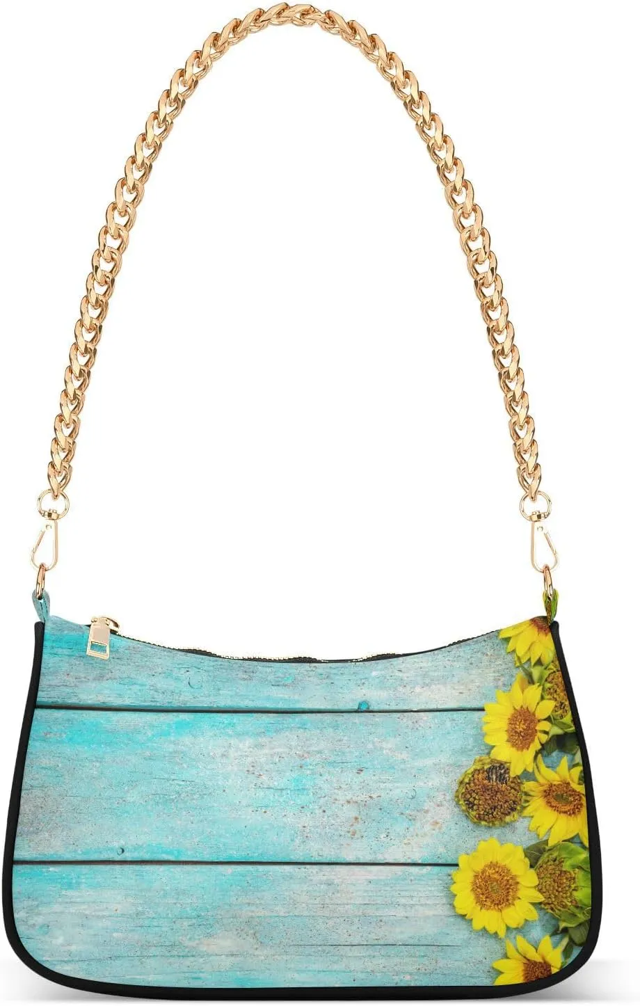 Shoulder Bags for Women Fresh Sunflowers on Wooden Planks Hobo Tote Handbag Small Clutch Purse with Zipper Closure