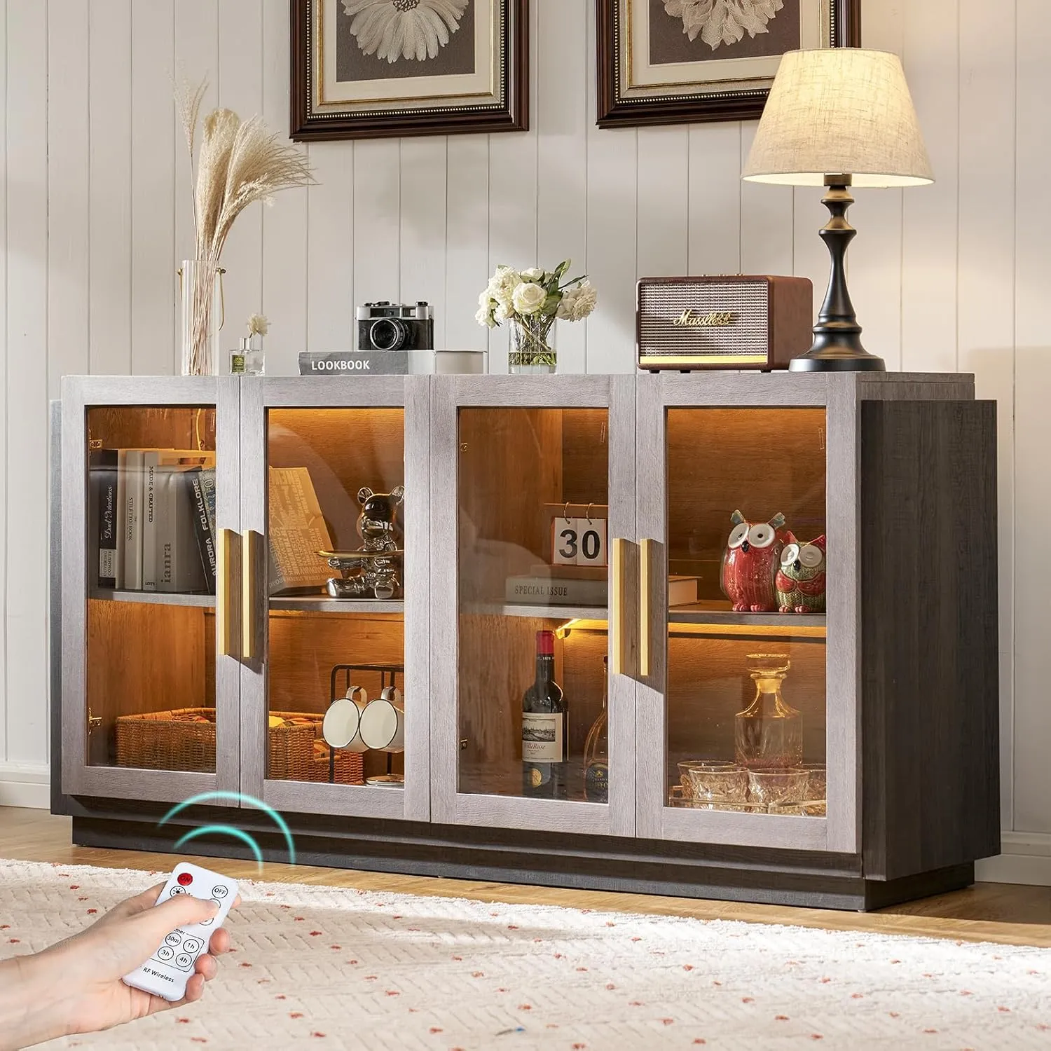 Sideboard Buffet Cabinet with Storage,64" Cabinet with Glass Door, Modern Wood Glass-Buffet Cabinet for Dinning Room,Kitchen, Hallway, and Living Room, Grey & Black