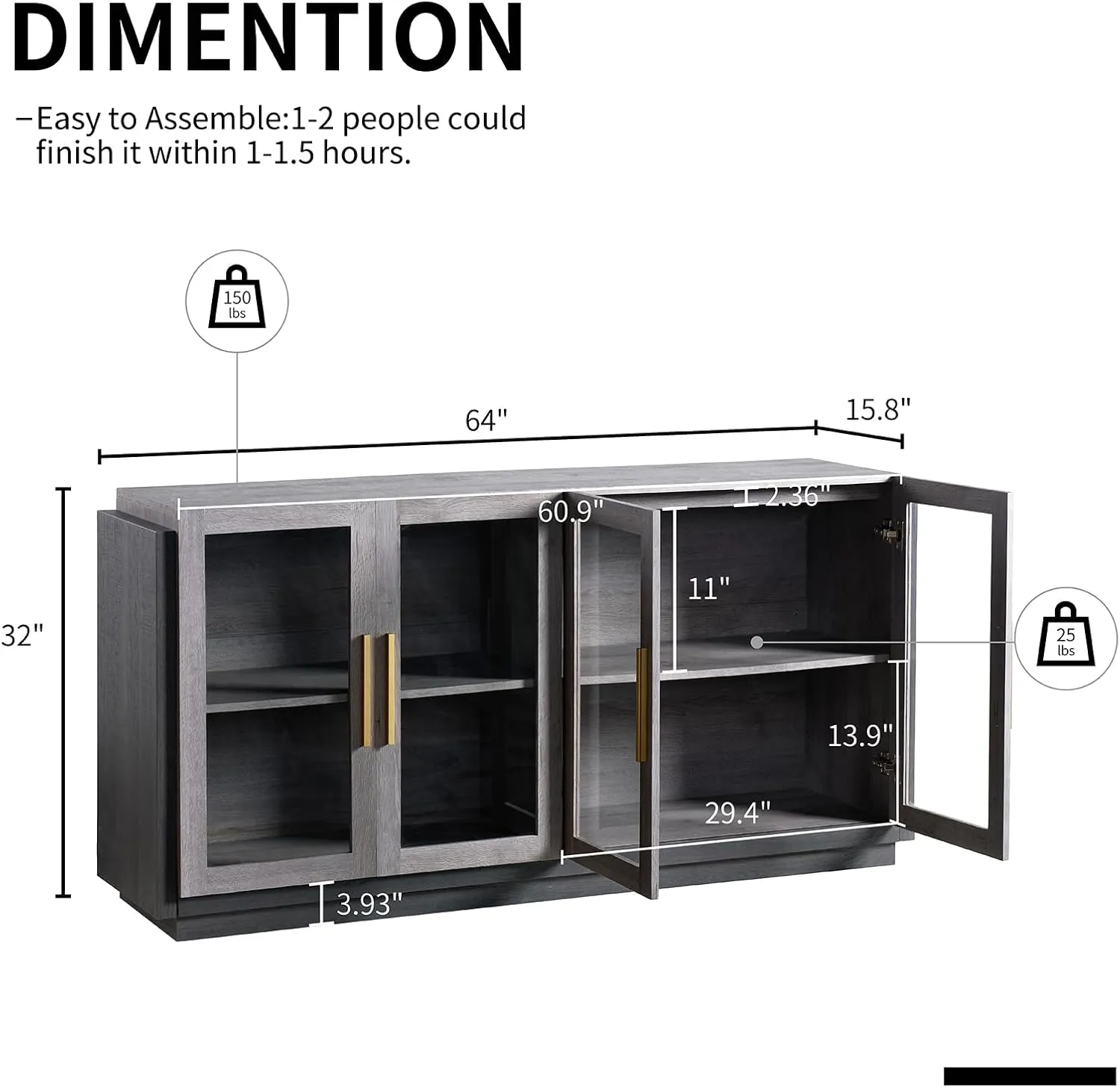 Sideboard Buffet Cabinet with Storage,64" Cabinet with Glass Door, Modern Wood Glass-Buffet Cabinet for Dinning Room,Kitchen, Hallway, and Living Room, Grey & Black