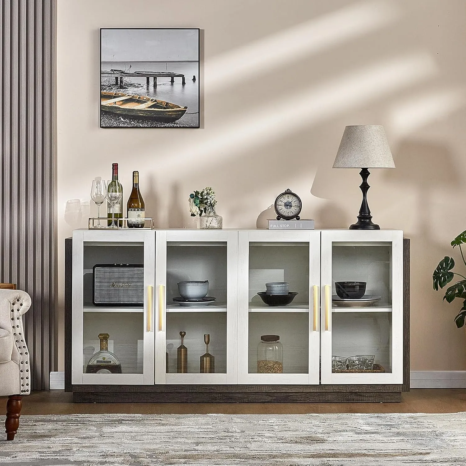 Sideboard Buffet Cabinet with Storage,64" Kitchen Sideboard with LED Light,Modern Wood Glass-Buffet Cabinet for Dinning Room,Kitchen,Hallway,and Living Room,White&Grey