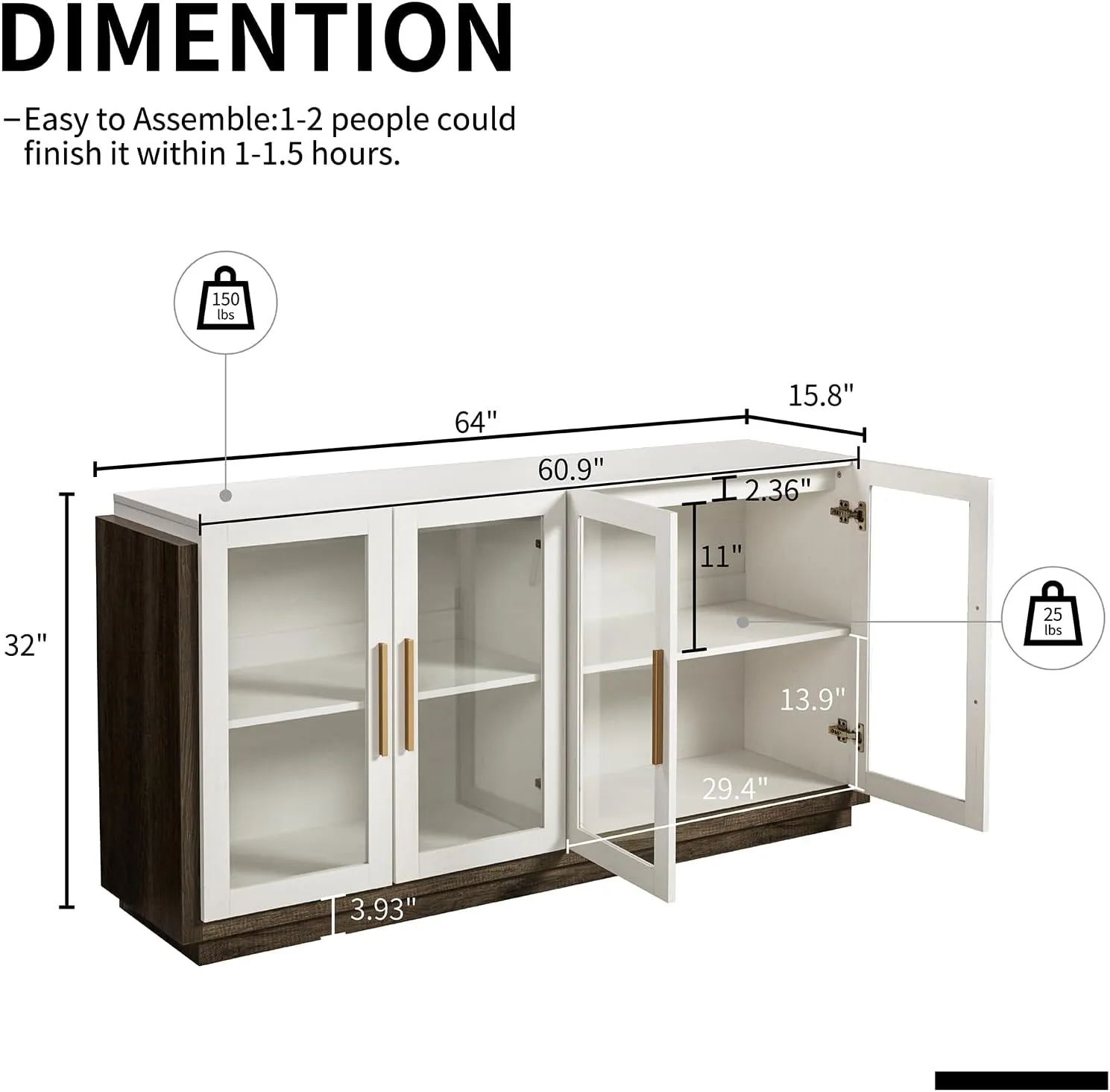 Sideboard Buffet Cabinet with Storage,64" Kitchen Sideboard with LED Light,Modern Wood Glass-Buffet Cabinet for Dinning Room,Kitchen,Hallway,and Living Room,White&Grey