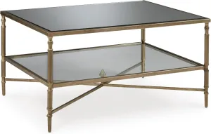 Signature Design by Ashley Cloverty Mid-Century Coffee Table with 1 Glass Shelf and Embellished Legs, Metallic