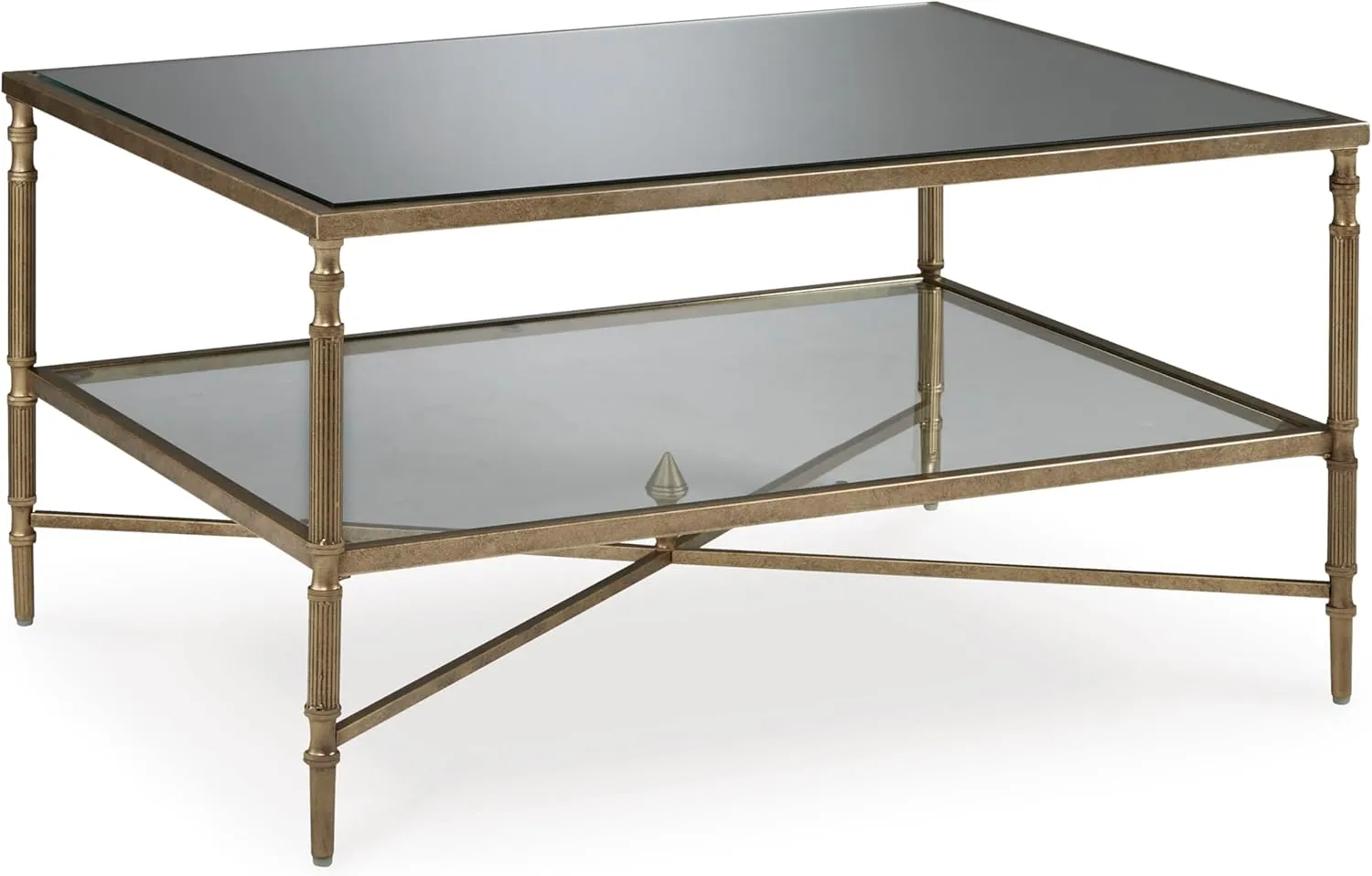 Signature Design by Ashley Cloverty Mid-Century Coffee Table with 1 Glass Shelf and Embellished Legs, Metallic
