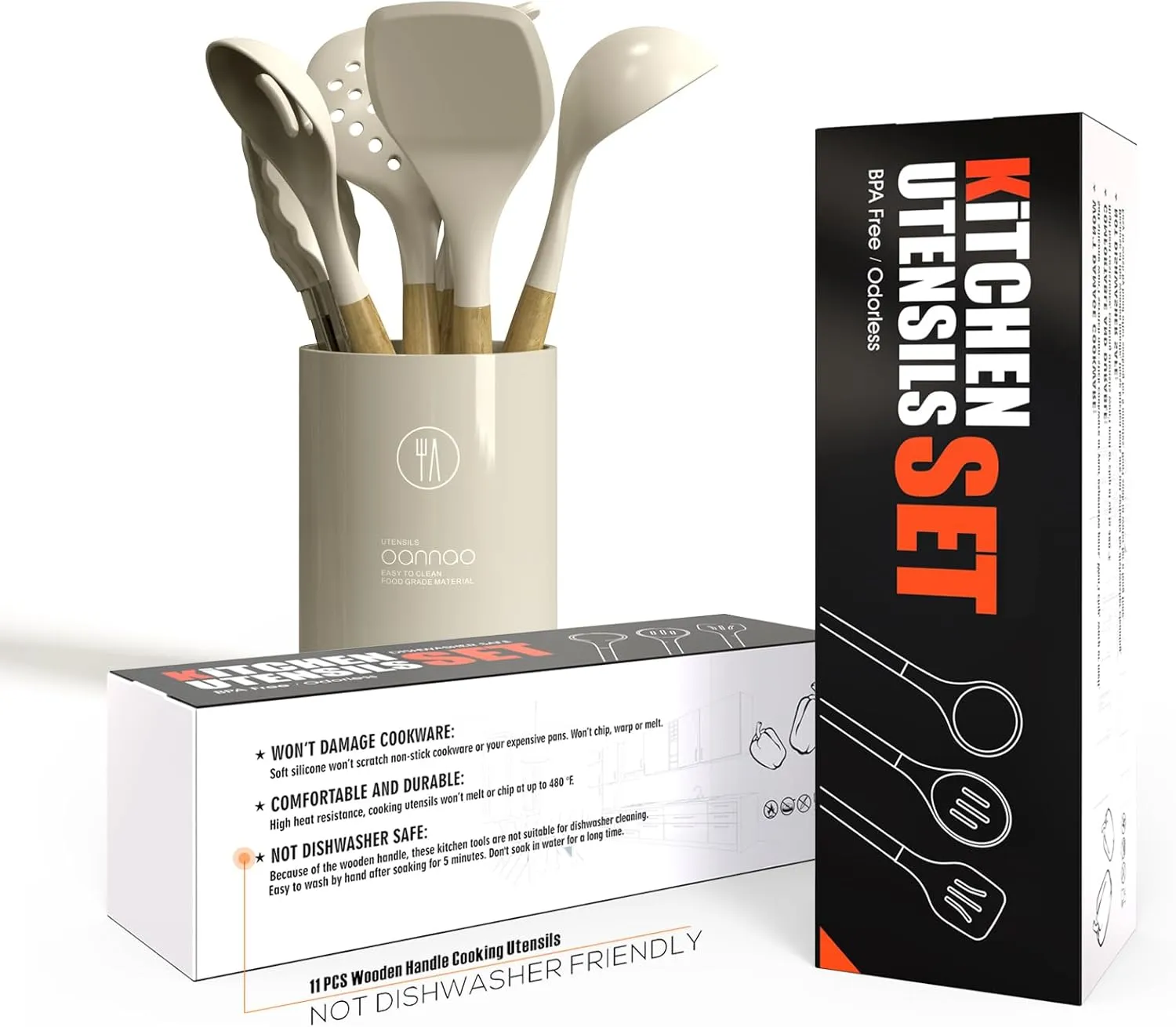 Silicone Cooking Utensils Set - 446°F Heat Resistant Silicone Kitchen Utensils for Cooking,Kitchen Utensil Spatula Set w Wooden Handles and Holder, BPA FREE Gadgets for Non-Stick Cookware (Khaki)