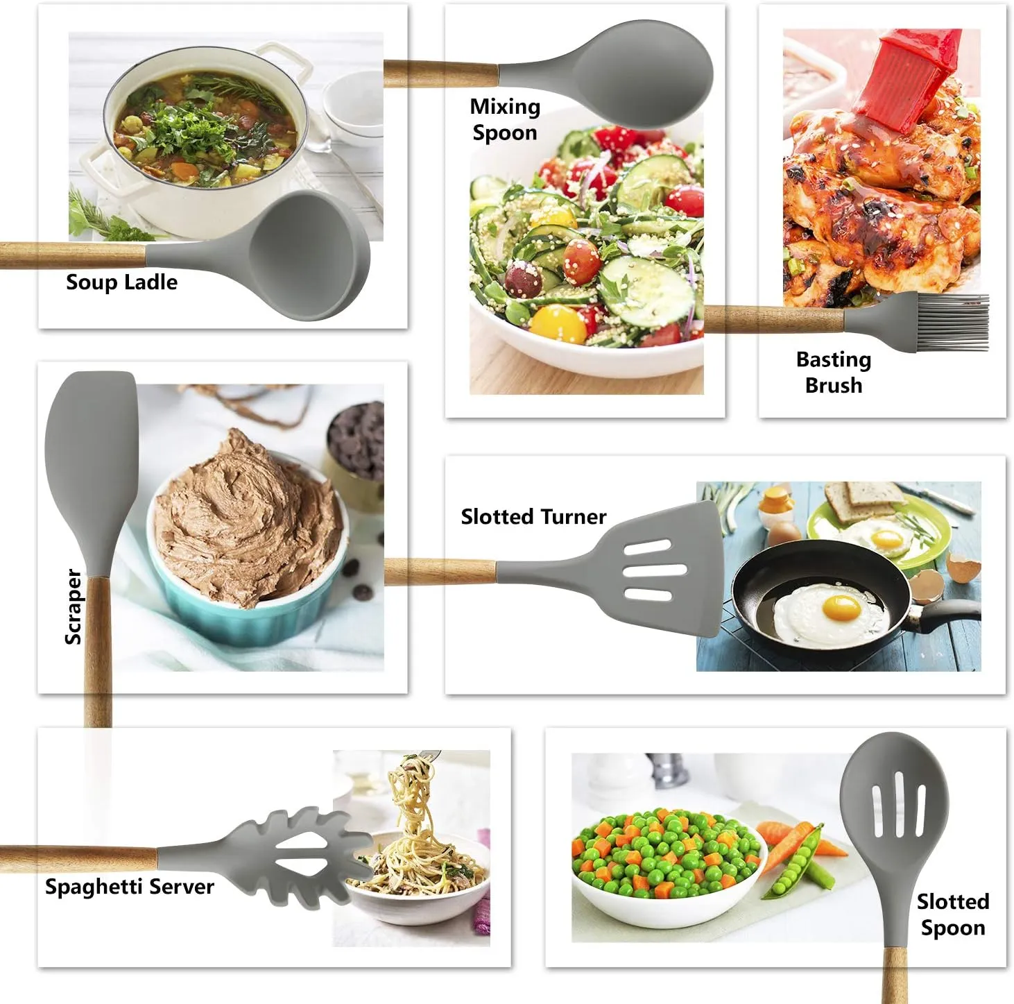 Silicone Cooking Utensils | Wooden Handle, Non-Stick Cookware Heat Resistant Kitchen Utensil Spatula, Slotted & Solid Spoon, Soup Ladle, Slotted Turner and Spaghetti Server,| Acacia Wood - Dark Gray