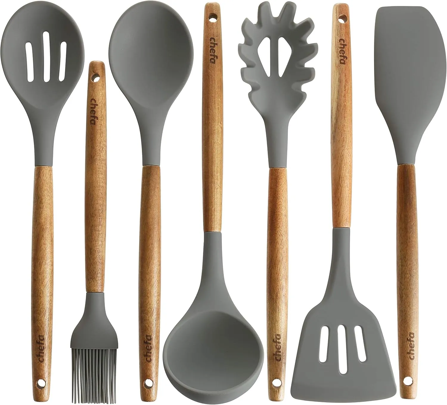 Silicone Cooking Utensils | Wooden Handle, Non-Stick Cookware Heat Resistant Kitchen Utensil Spatula, Slotted & Solid Spoon, Soup Ladle, Slotted Turner and Spaghetti Server,| Acacia Wood - Dark Gray