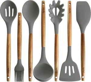 Silicone Cooking Utensils | Wooden Handle, Non-Stick Cookware Heat Resistant Kitchen Utensil Spatula, Slotted & Solid Spoon, Soup Ladle, Slotted Turner and Spaghetti Server,| Acacia Wood - Dark Gray