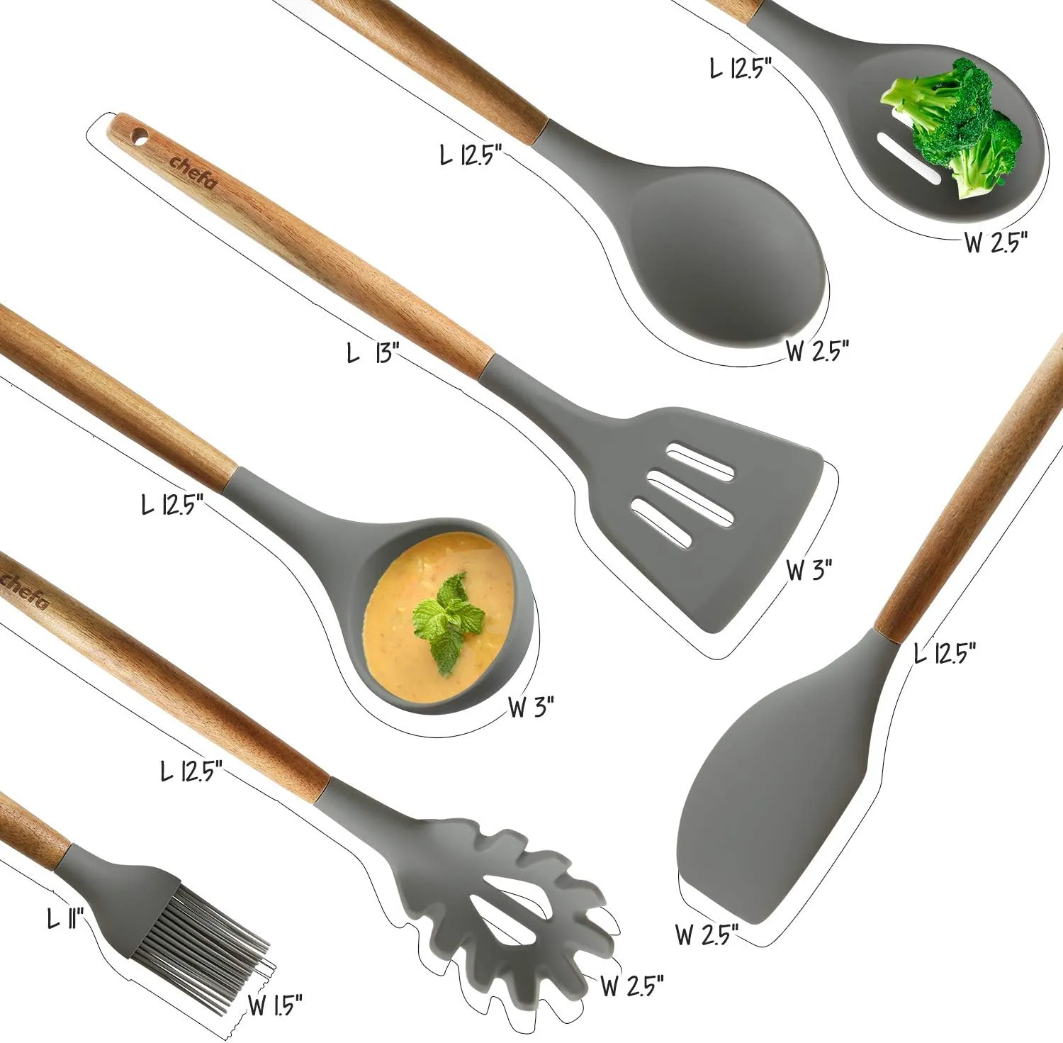 Silicone Cooking Utensils | Wooden Handle, Non-Stick Cookware Heat Resistant Kitchen Utensil Spatula, Slotted & Solid Spoon, Soup Ladle, Slotted Turner and Spaghetti Server,| Acacia Wood - Dark Gray