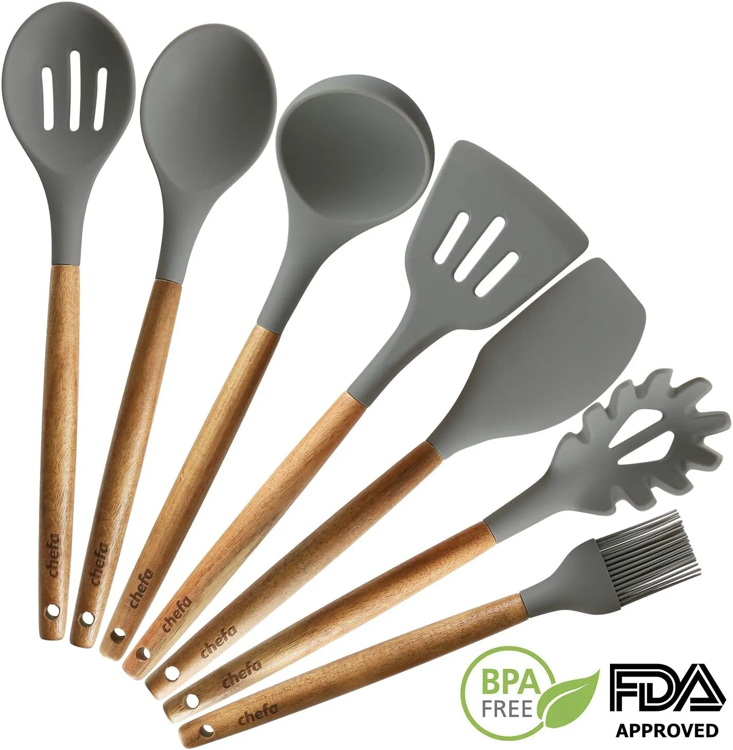 Silicone Cooking Utensils | Wooden Handle, Non-Stick Cookware Heat Resistant Kitchen Utensil Spatula, Slotted & Solid Spoon, Soup Ladle, Slotted Turner and Spaghetti Server,| Acacia Wood - Dark Gray