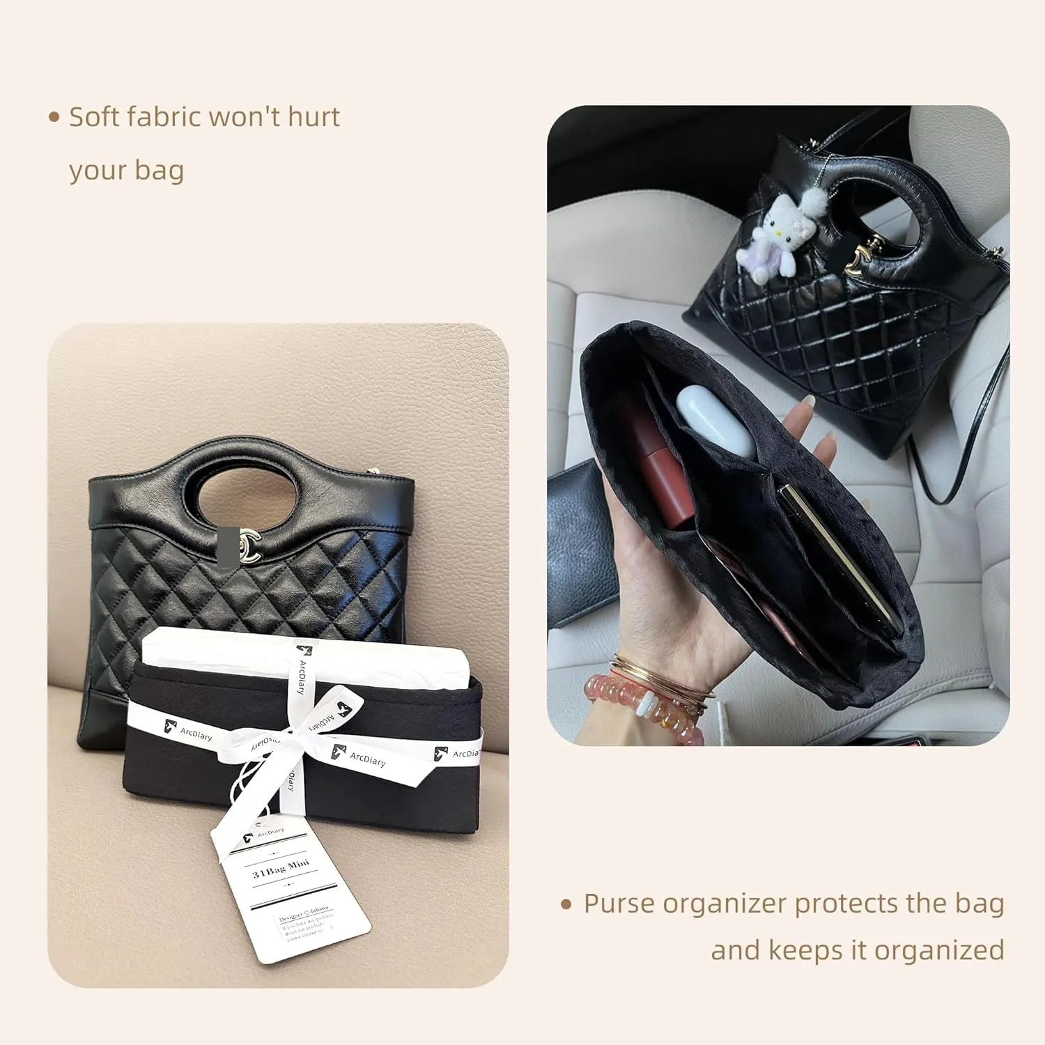 Silk Purse Organizer Insert fits Chanel 31 Bags, Silky Smooth Bag Organizer, Large Capacity Inner Bag, Luxury Handbag Tote Shaper (Mini, Black)