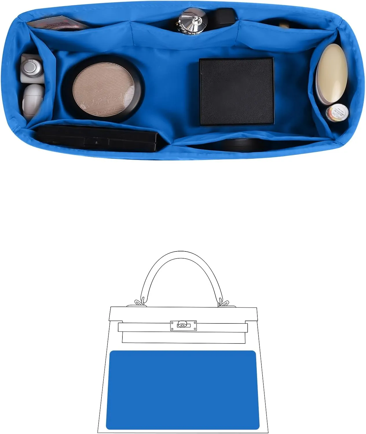 Silky Bag Insert for Mini Kelly II, Purse Organizer Compatible with Hermes Kelly, Lightweight Luxury Bag Shaper with Multiple Pockets for Daily Use (Blue hydra, Mini II)