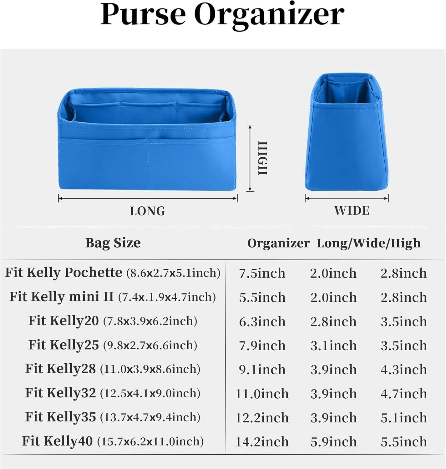 Silky Bag Insert for Mini Kelly II, Purse Organizer Compatible with Hermes Kelly, Lightweight Luxury Bag Shaper with Multiple Pockets for Daily Use (Blue hydra, Mini II)
