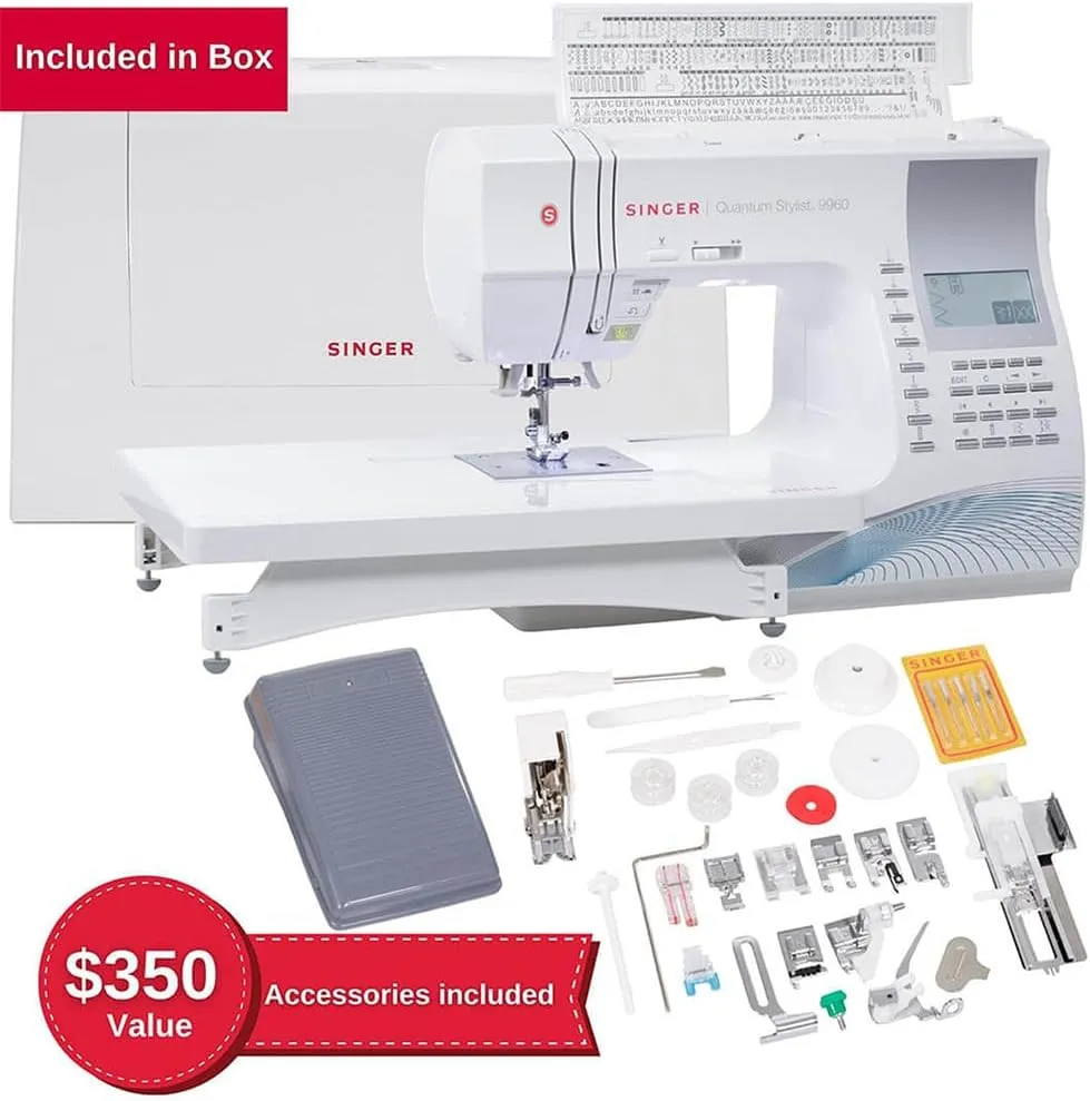 SINGER Quantum Stylist 9960 Computerized Sewing & Quilting Machine with Extension Table, Hard Case & Accessories | 600 Stitches, Lettering, LED Light, 1-Step Buttonhole & High-End Touch Controls