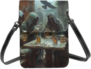 skeletons death grim reaper medieval tavern style Leather Small Crossbody Bags for Women Cell Phone Bag Wallet Purses with Adjustable Strap