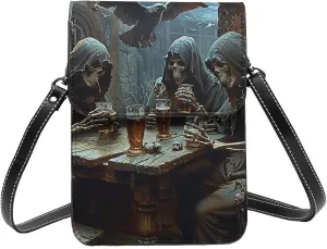 skeletons grim reaper death medieval tavern style Leather Small Crossbody Bags for Women Cell Phone Bag Wallet Purses with Adjustable Strap