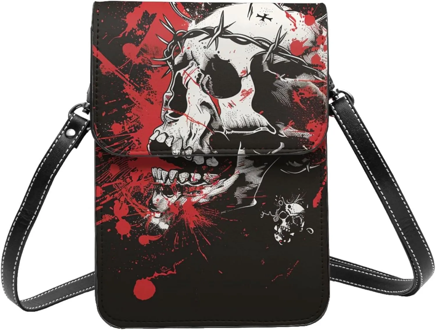 skull crown of thorns graffiti dark fantasy Dead abstract Leather Small Crossbody Bags for Women Cell Phone Bag Wallet Purses with Adjustable Strap
