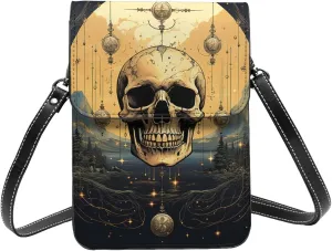 skull magic moon phases mystic Vintage Leather Small Crossbody Bags for Women Cell Phone Bag Wallet Purses with Adjustable Strap