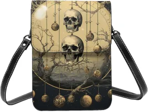 skull moon phases magic mystic Vintage Leather Small Crossbody Bags for Women Cell Phone Bag Wallet Purses with Adjustable Strap