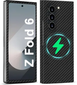 Slim and Thin Carbon Fiber Case for Samsung Galaxy Z Fold 6 Compatible with MagSafe, 1500D Aramid Fiber Z Fold6 Cover with Magnetic for Men and Women, Matte Black Gray