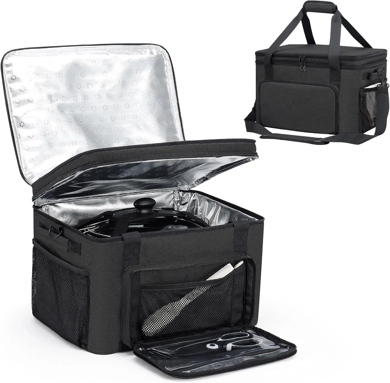 Slow Cooker Carrying Bag, Double Layer Insulated Design Slow Cooker Carrier with Removable Hard Liner and Pot Lid Fastener Fit for 6-8 Quart Crock Pot, Black