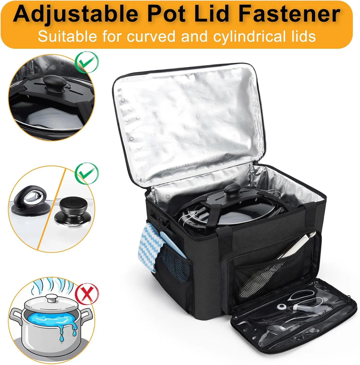 Slow Cooker Carrying Bag, Double Layer Insulated Design Slow Cooker Carrier with Removable Hard Liner and Pot Lid Fastener Fit for 6-8 Quart Crock Pot, Black