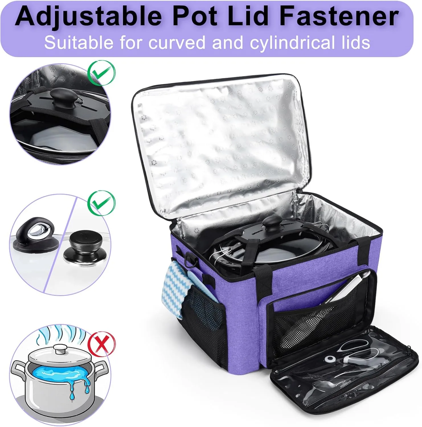 Slow Cooker Carrying Bag, Double Layer Insulated Design Slow Cooker Carrier with Removable Hard Liner and Pot Lid Fastener Fit for 6-8 Quart Crock Pot, Purple