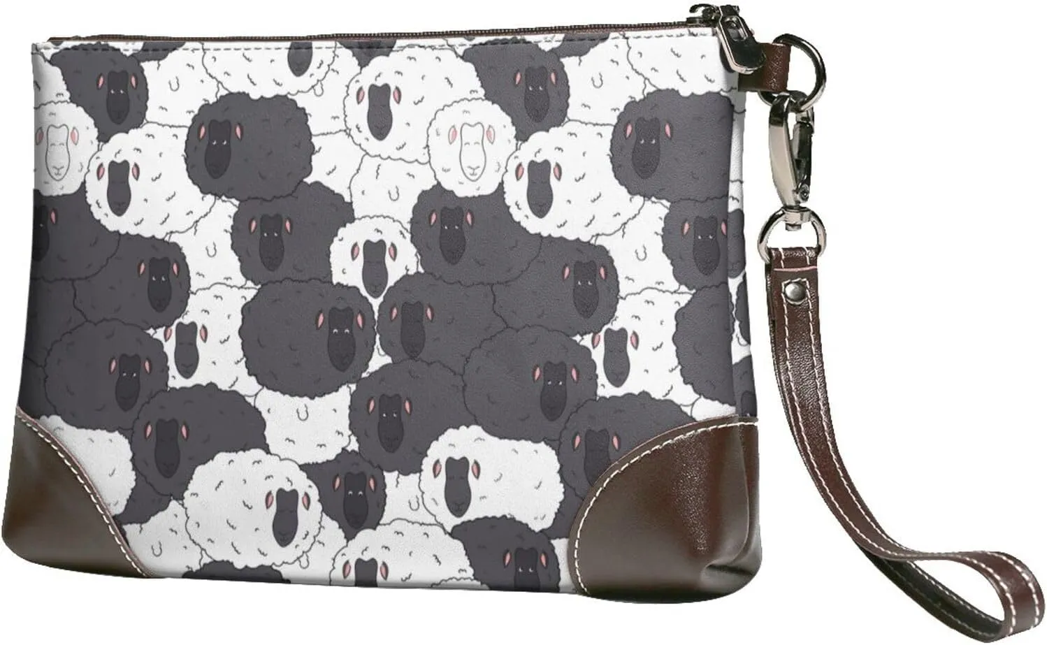 Small Clutch Purses for Women - Black And White Sheeps Leather Wristlet Wallets for Women with Wrist Strap