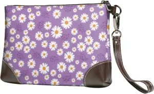 Small Clutch Purses for Women - Daisies Flowers Petal purple Leather Wristlet Wallets for Women with Wrist Strap