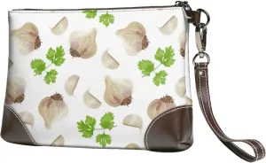 Small Clutch Purses for Women - Garlic Coriander Pattern Leather Wristlet Wallets for Women with Wrist Strap